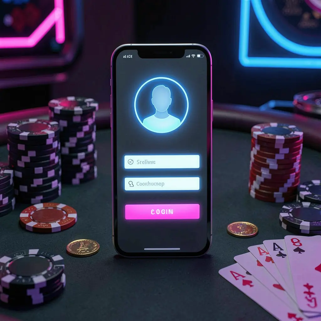 BBC999 casino app login scene on a smartphone with glowing user profile icon, surrounded by chips, cards, and coins against an elegant dark background with neon highlights