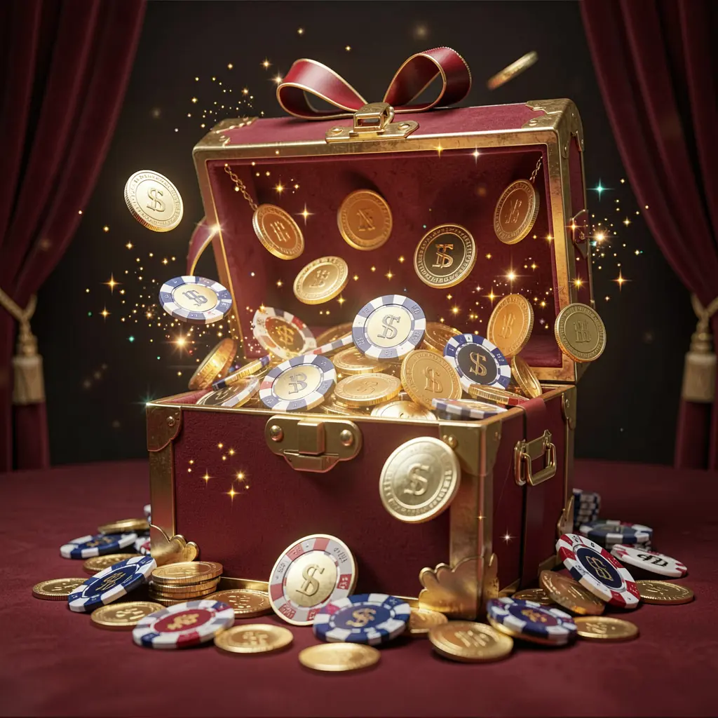 BBC999 no deposit casino bonus concept with a glowing gift box filled with free casino chips and golden coins, surrounded by magical sparkle effects on a luxury dark background creating an exciting reward atmosphere
