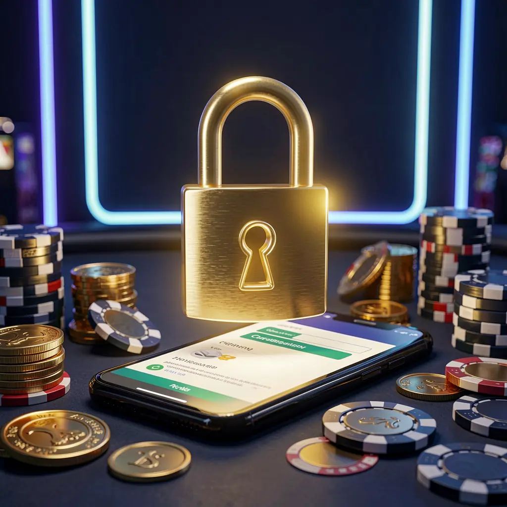 BBC999 casino login security image showing a glowing padlock floating above a smartphone with golden coins and chips scattered around on a dark blue neon background