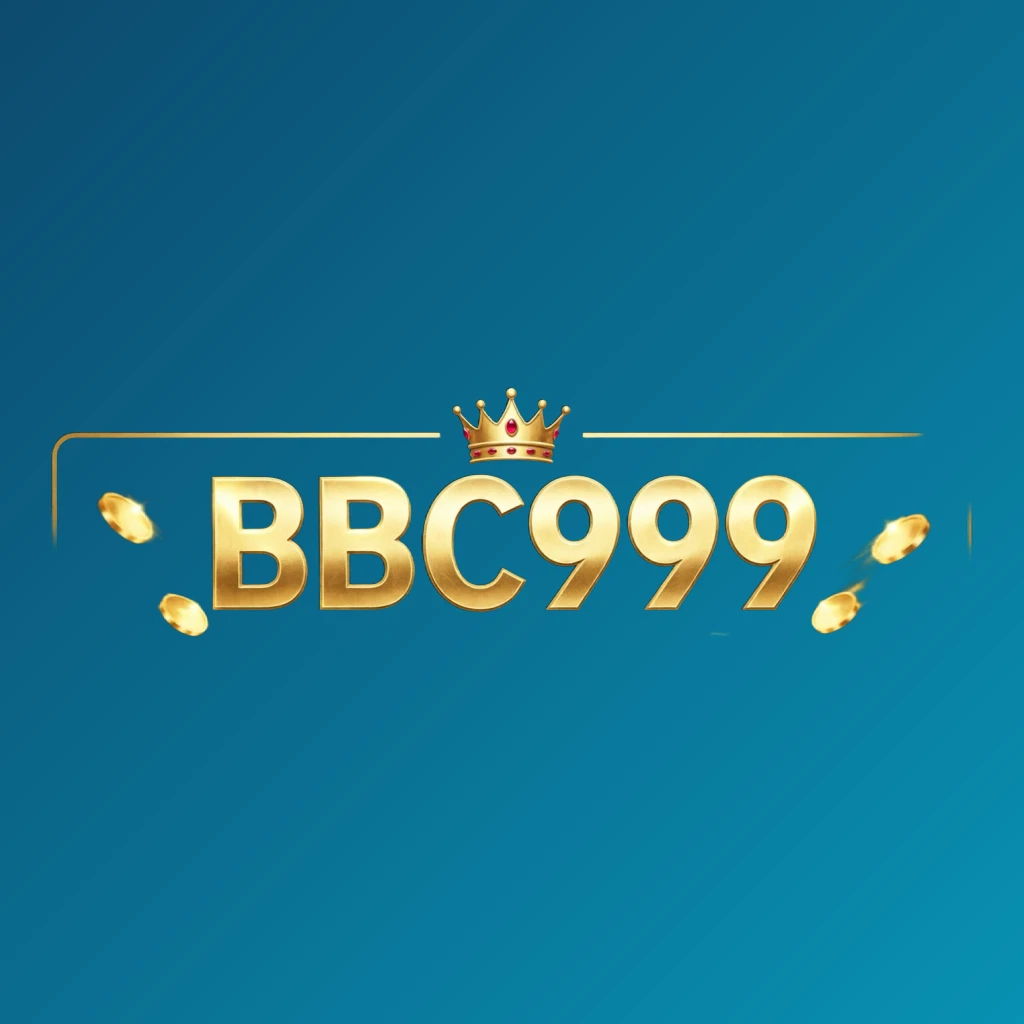 Casino-style horizontal rectangular wordmark logo for BBC999 featuring golden letters with a crown element and sparkling coins, set in a luxury gaming atmosphere on a transparent background