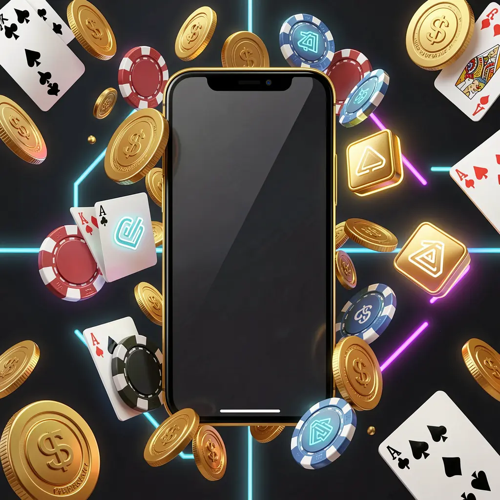Mobile casino homepage concept featuring a smartphone surrounded by golden coins, chips, cards, and glowing icons on a modern dark background with neon accents, showcasing BBC999's premium 3D illustration for responsible gaming